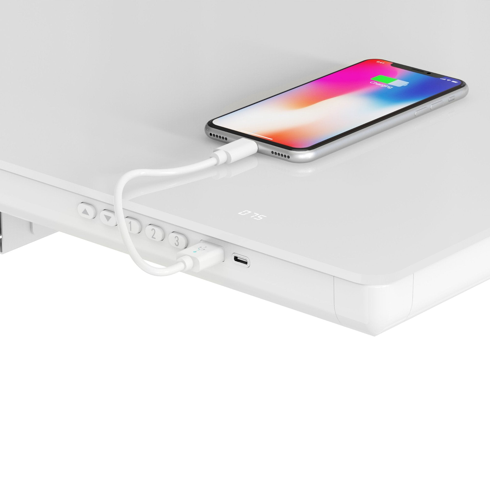 LiftSync Clear ultra glass standing desk with USB ports