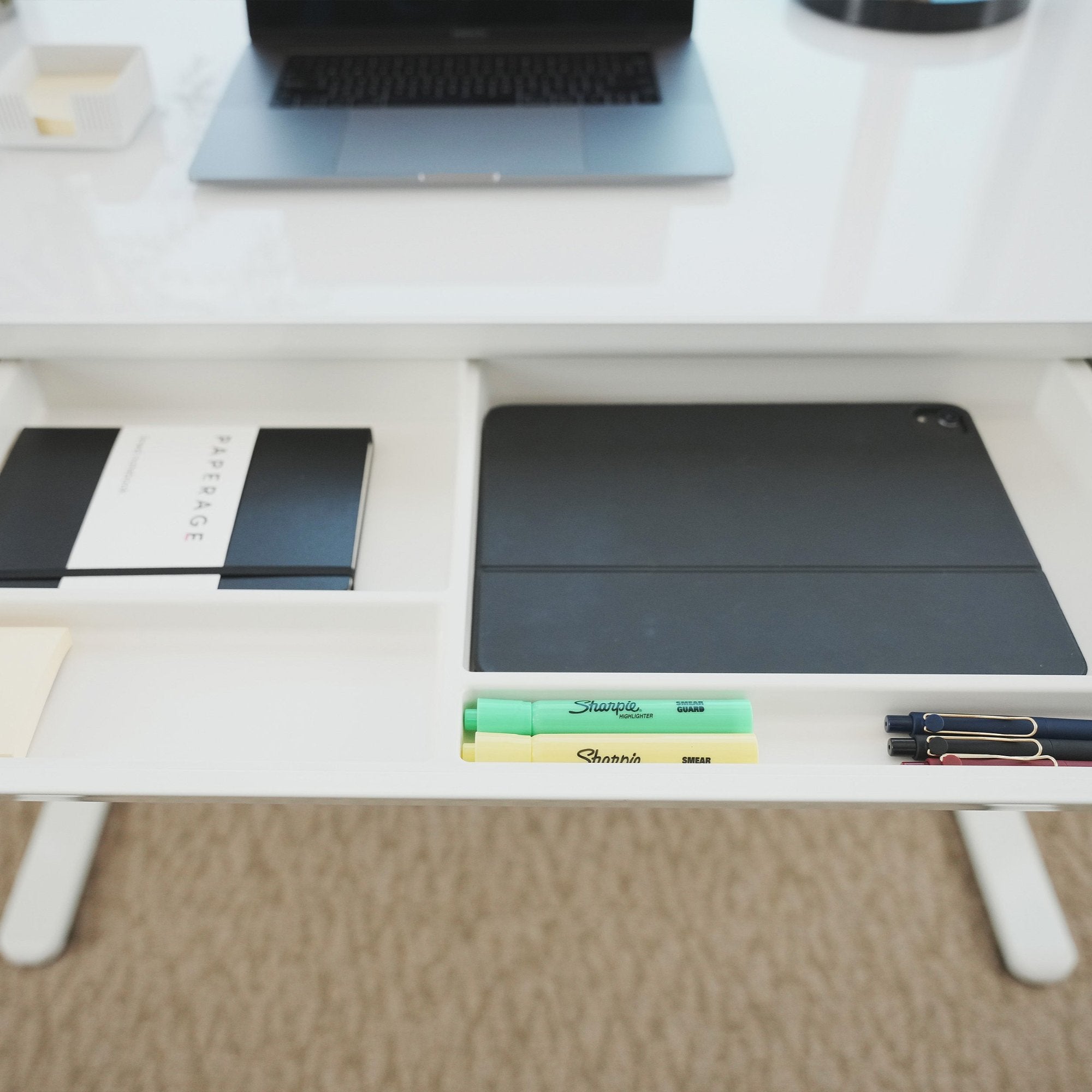 LiftSync Clear ultra glass standing desk with drawer organizer