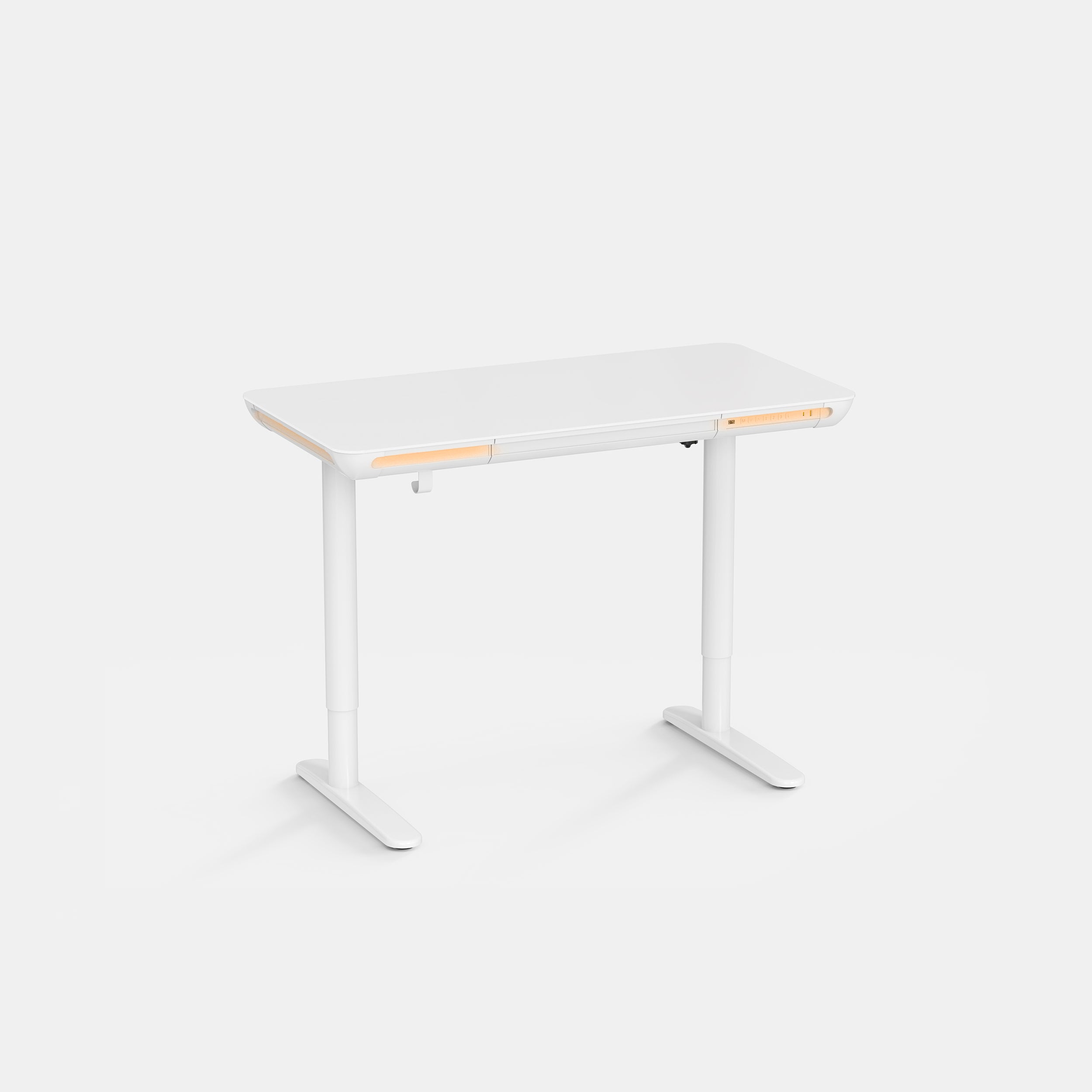 LiftSync Clear Plus ultra glass standing desk with RGB lighting and white frame