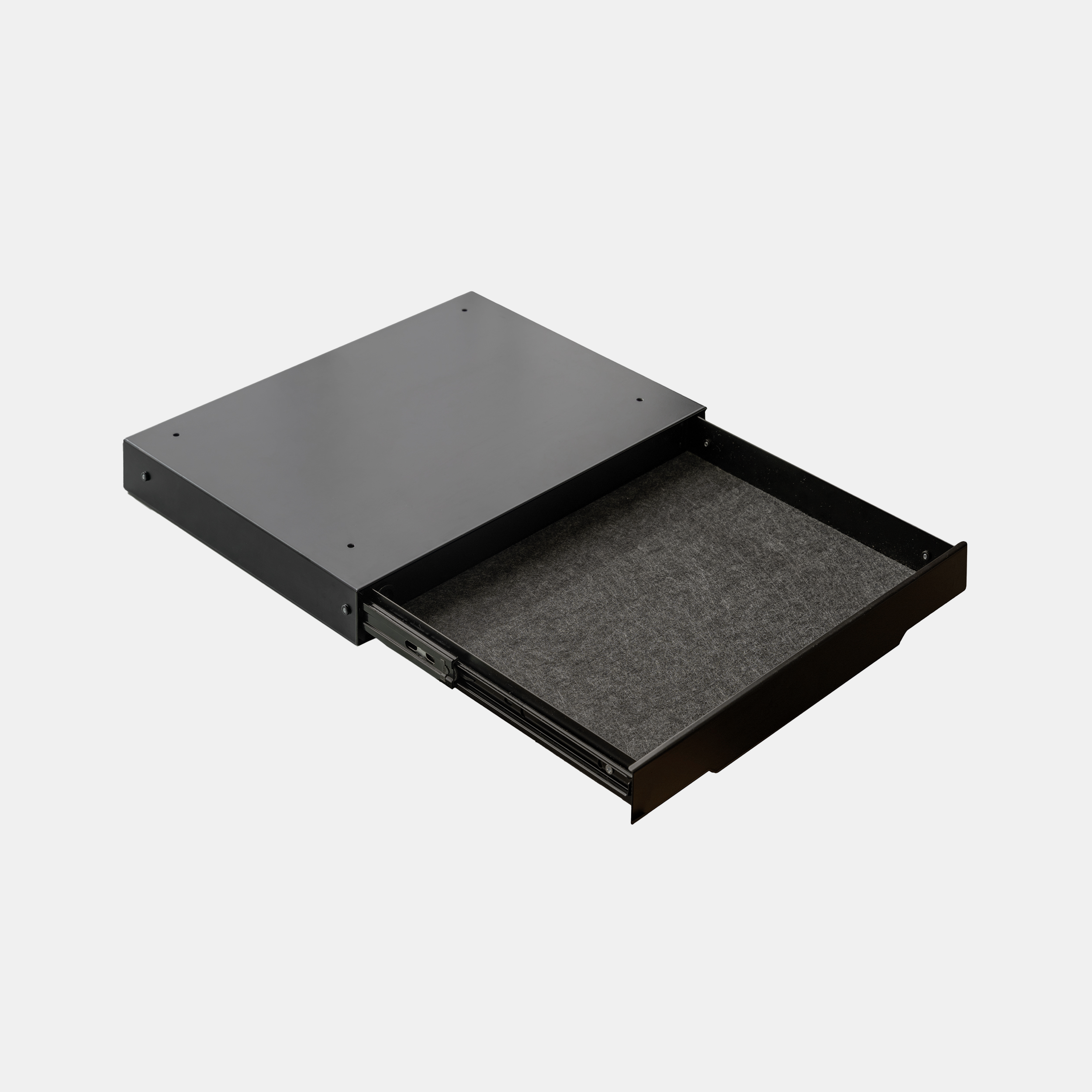 Black metal drawer or panel on a white background