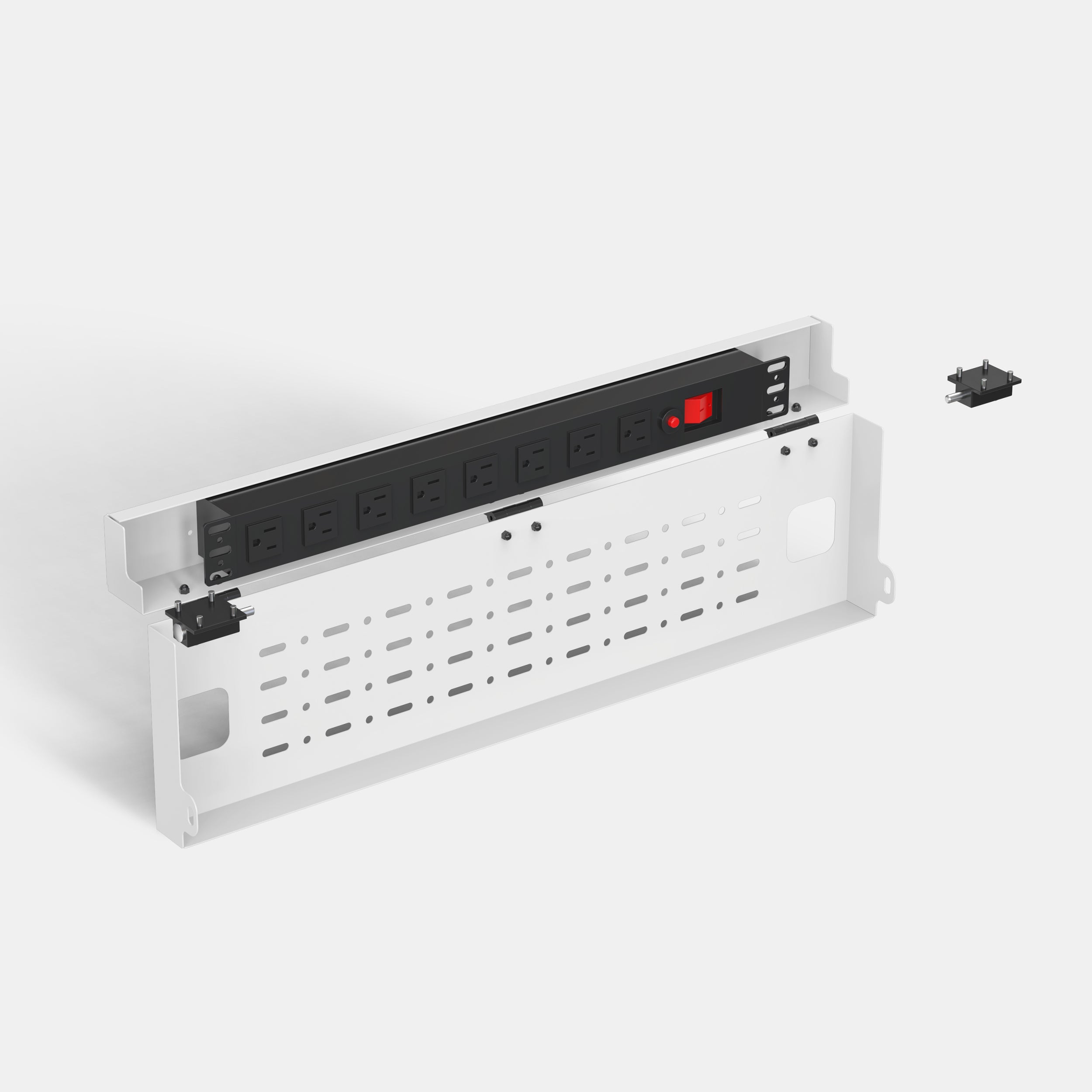 White electrical panel with multiple sockets on a light gray background