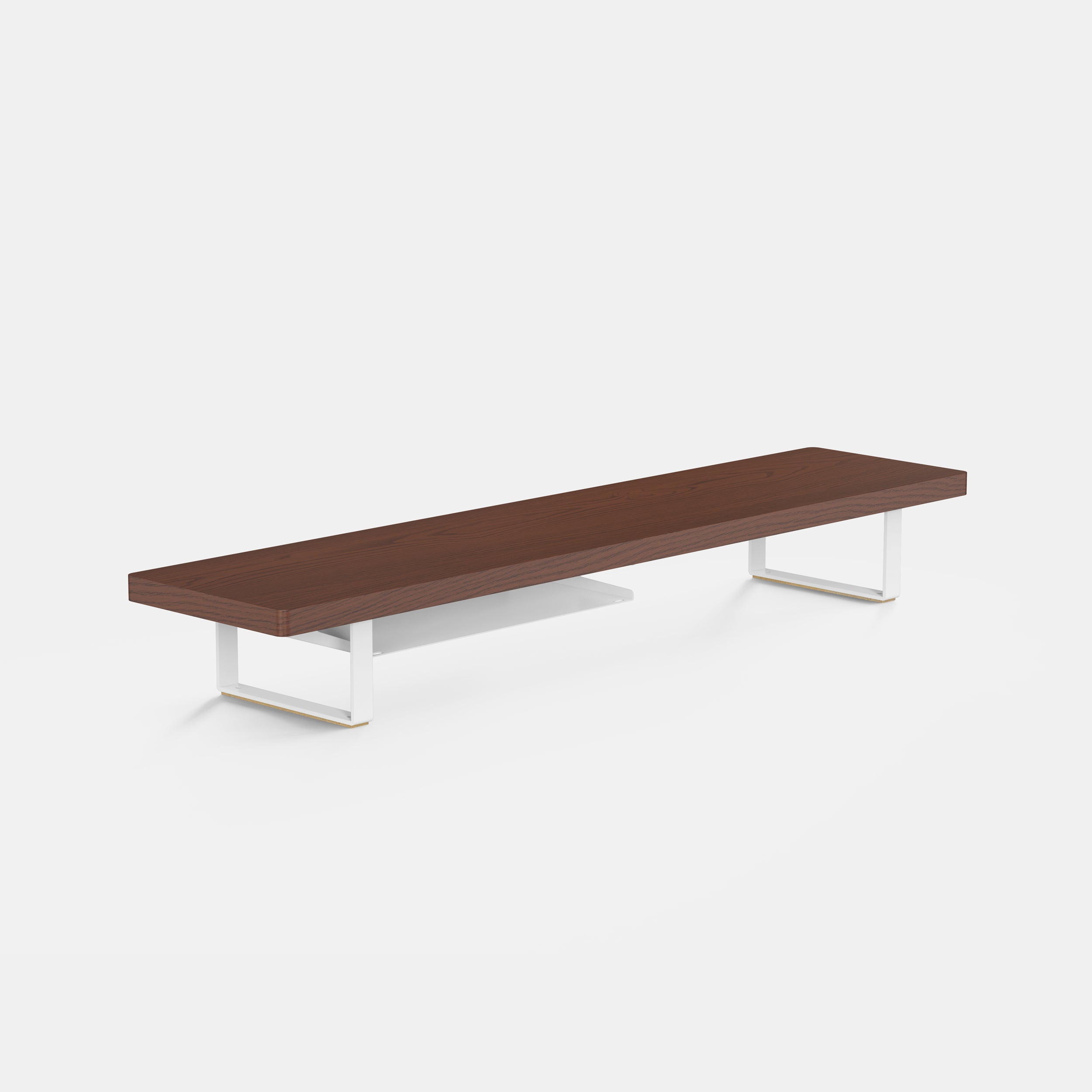 walnut bench with white metal legs on a light gray background