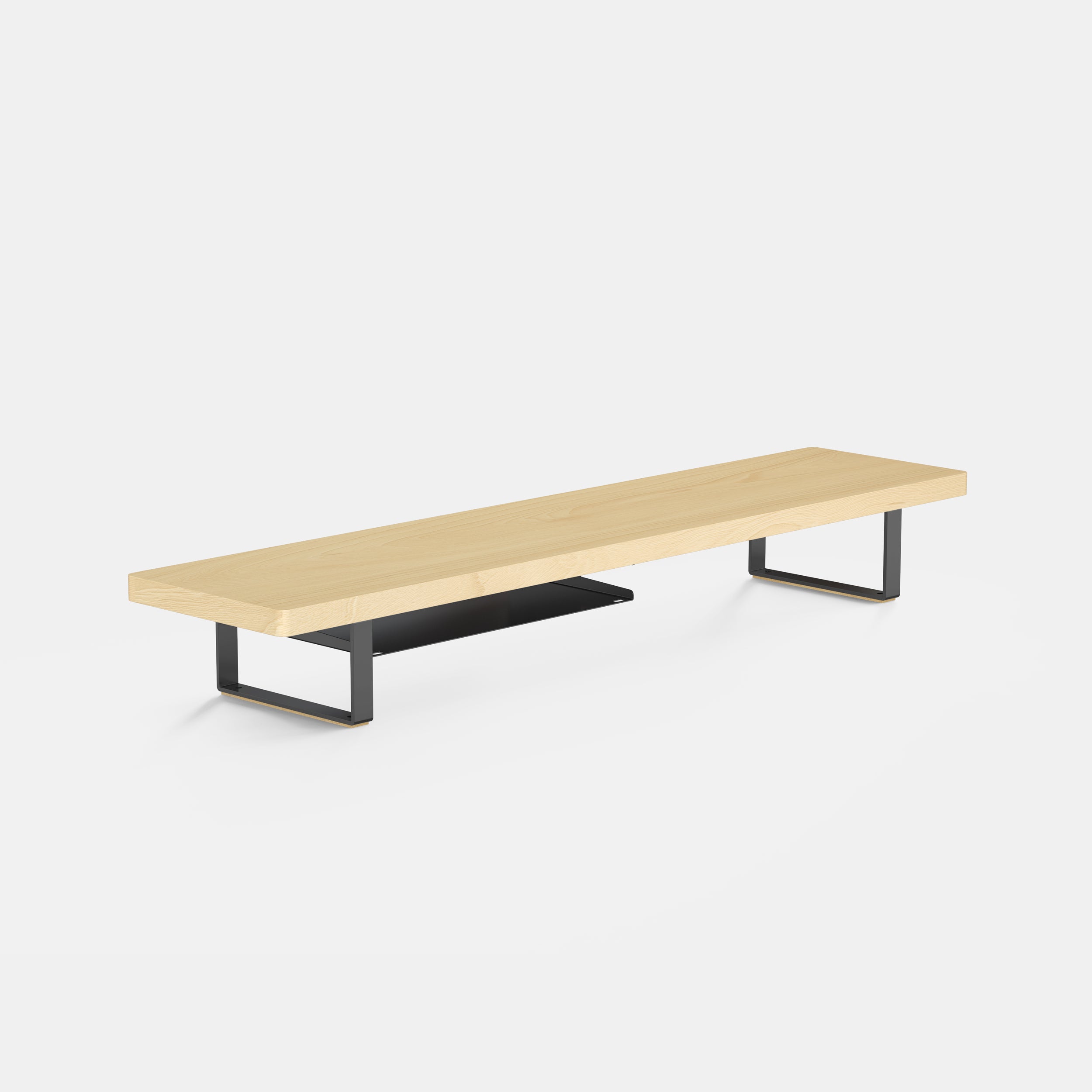 light woodgrain bench with black metal legs monitor shelf on a white background