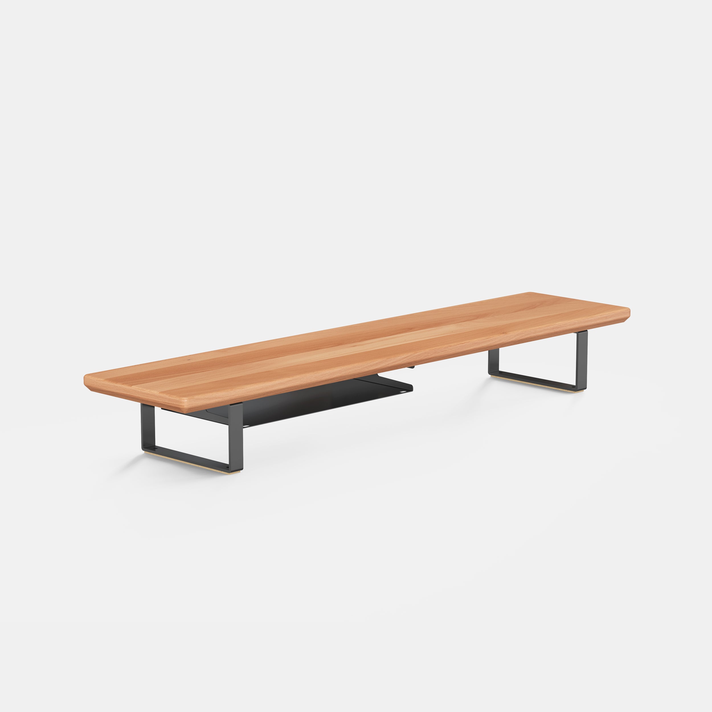 Wooden bench with black metal legs on a white background