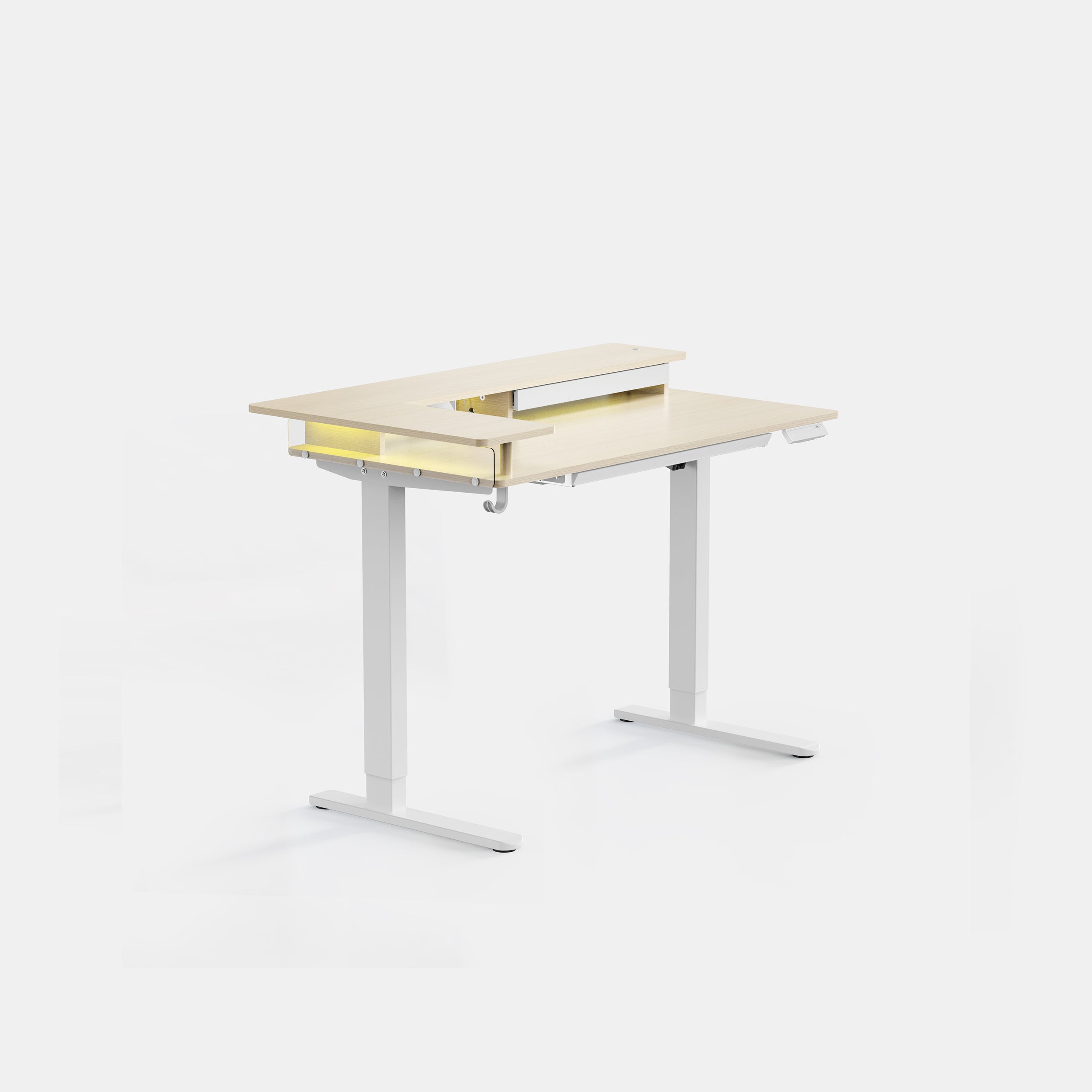LiftSync Shelfy electric standing desk with LED lighting, built-in shelf, storage drawer