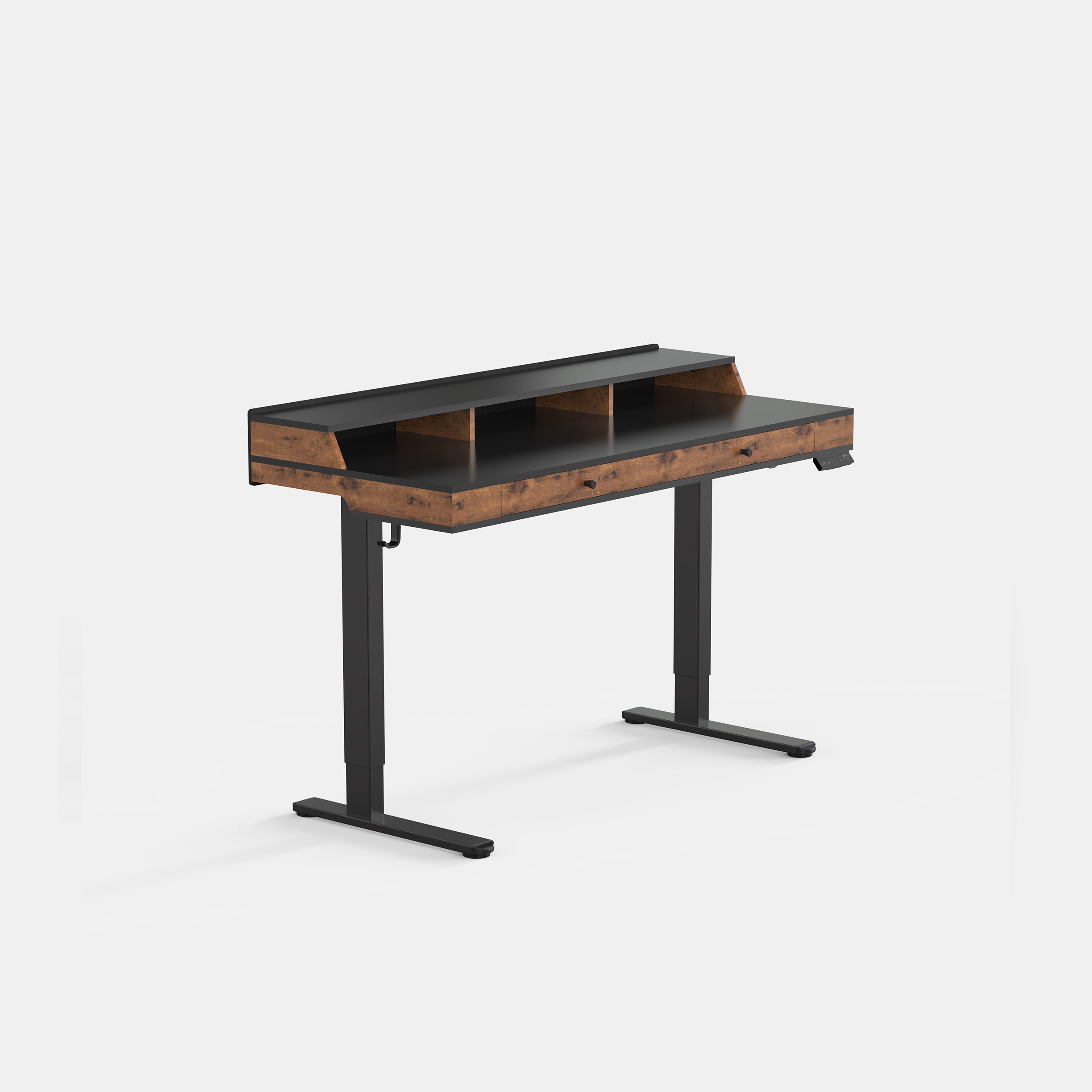 LiftSync Studio 55x24-inch black standing desk with integrated shelf and storage drawer