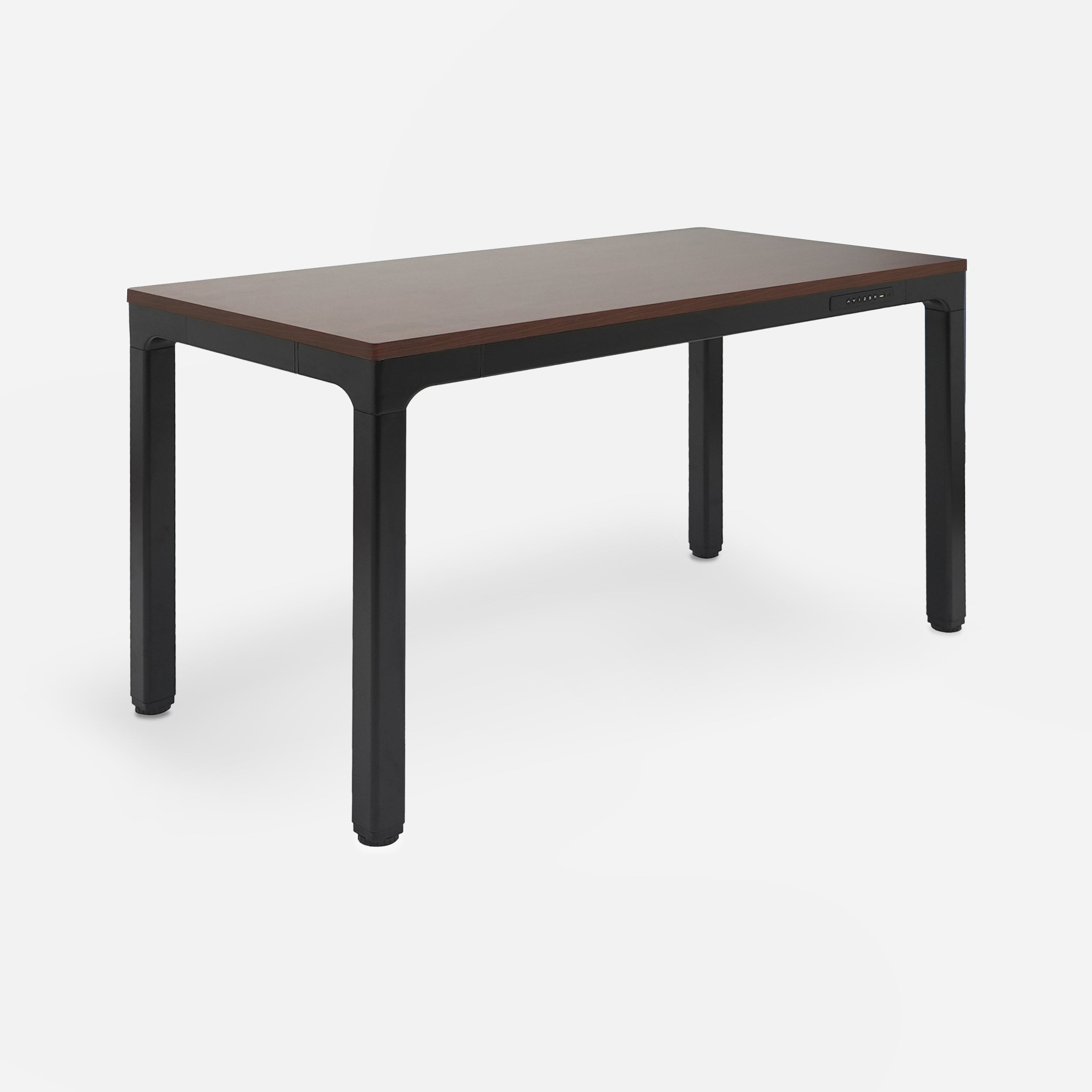 Rectangular table with dark brown top and black legs on a white background