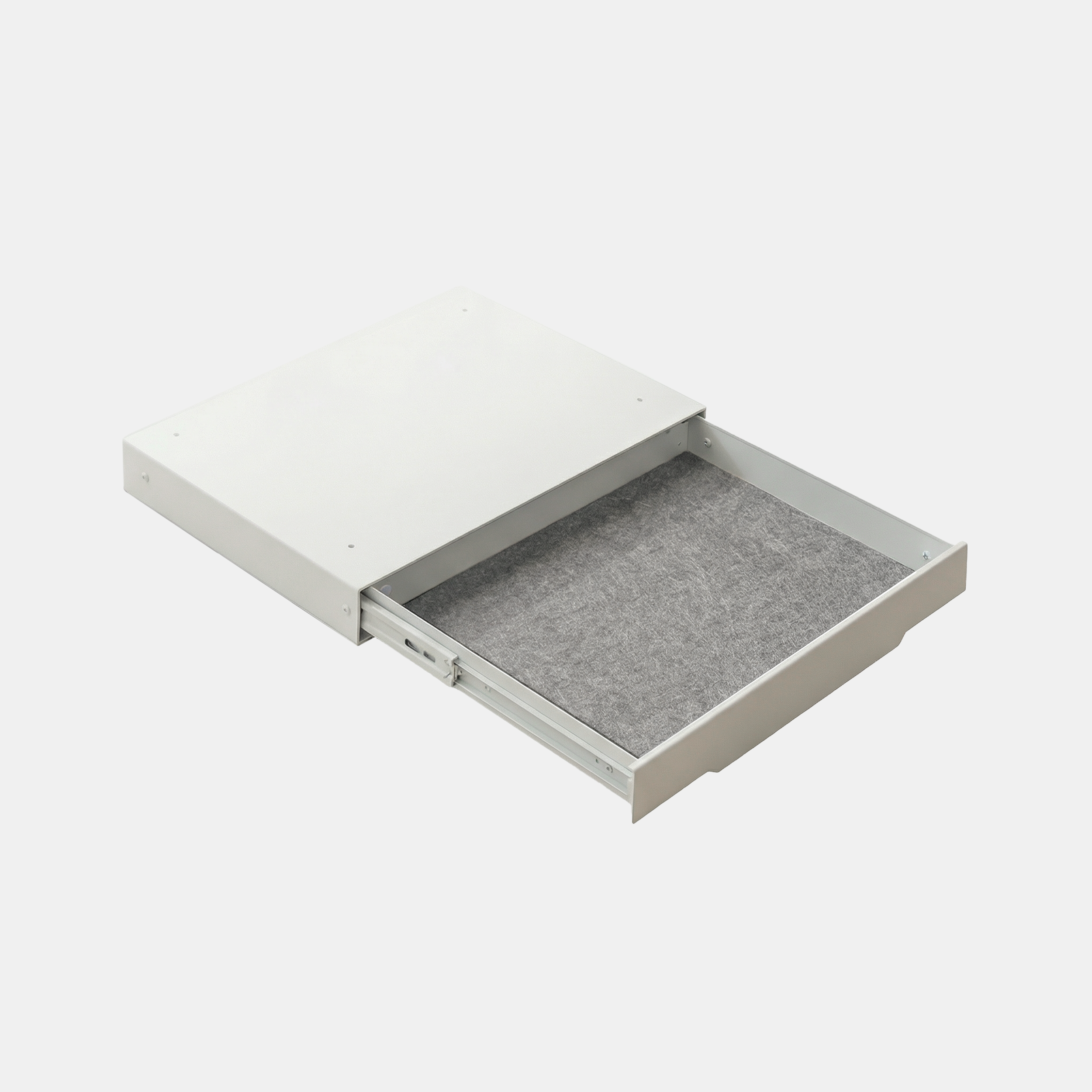White drawer with gray felt lining on a white background