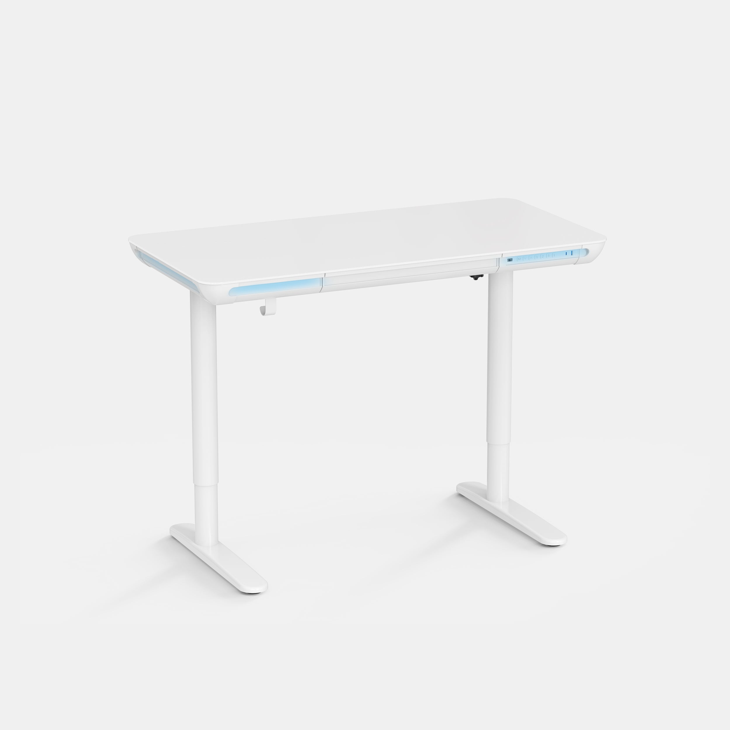 LiftSync Clear Plus ultra glass standing desk with RGB lighting and white frame