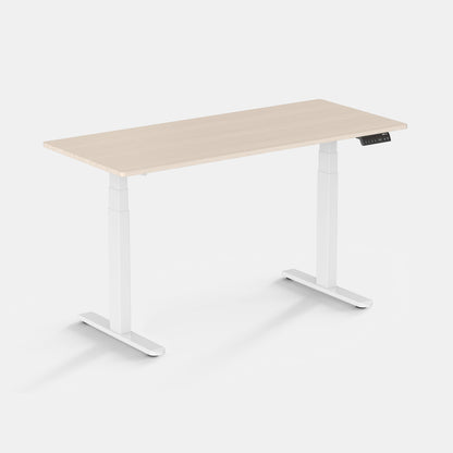 LiftSync Pro electric standing desk with light oak desktop and white desk frame