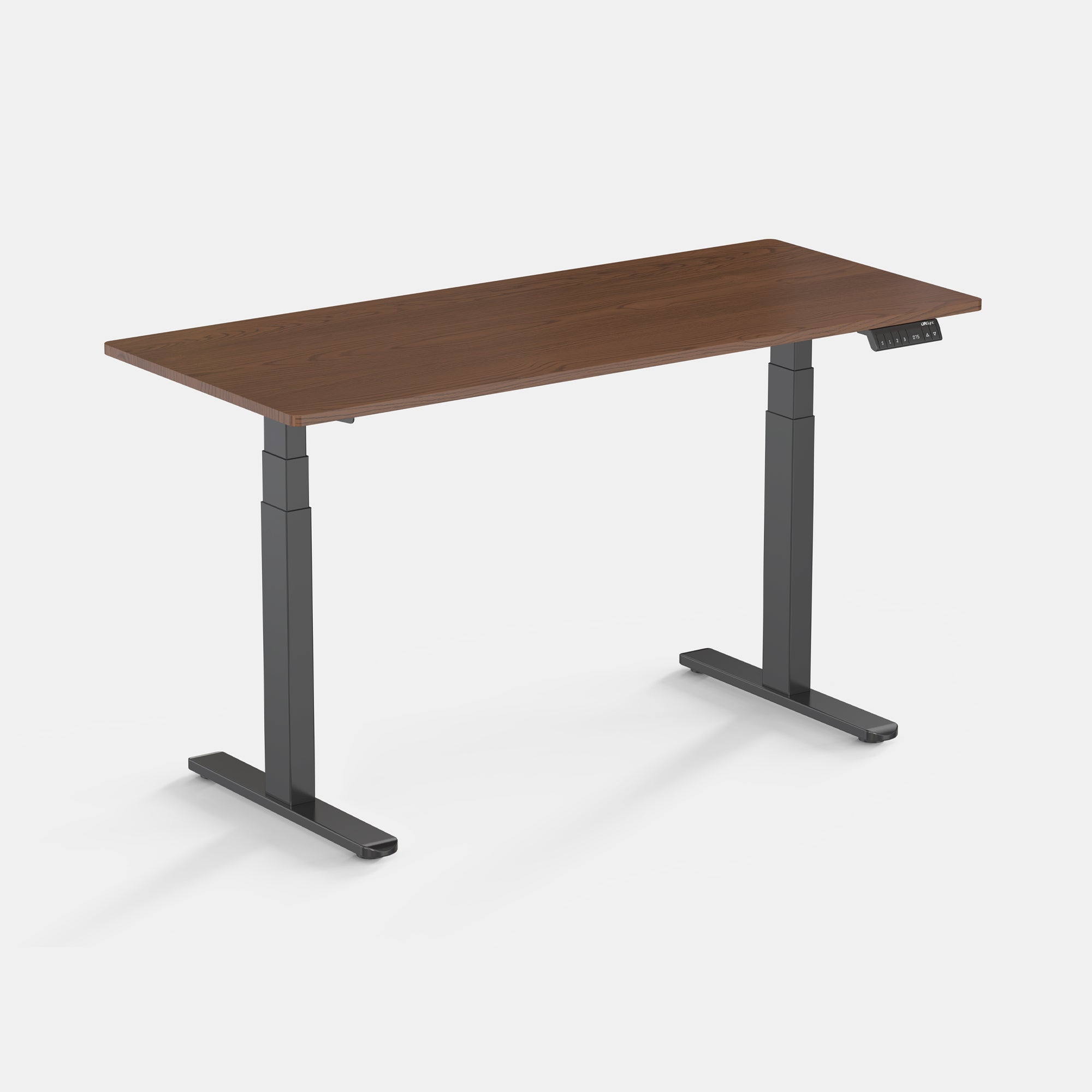 LiftSync Pro electric standing desk with walnut desktop and black desk frame