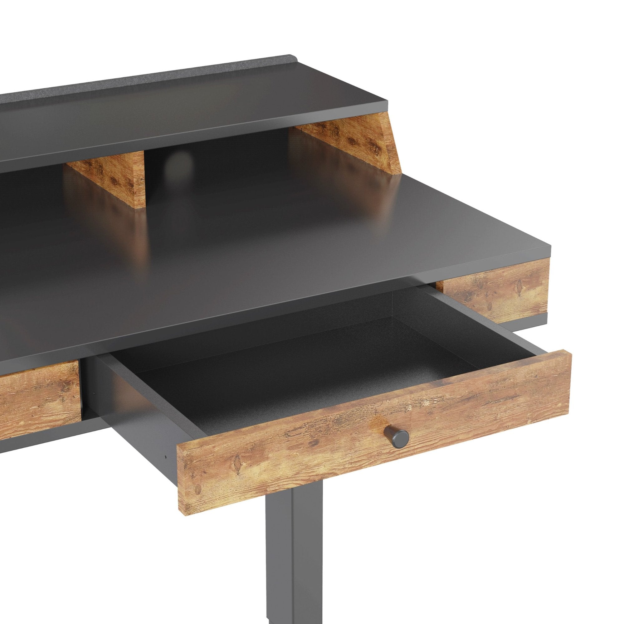 LiftSync Studio 55x24-inch black standing desk with integrated shelf and storage drawer