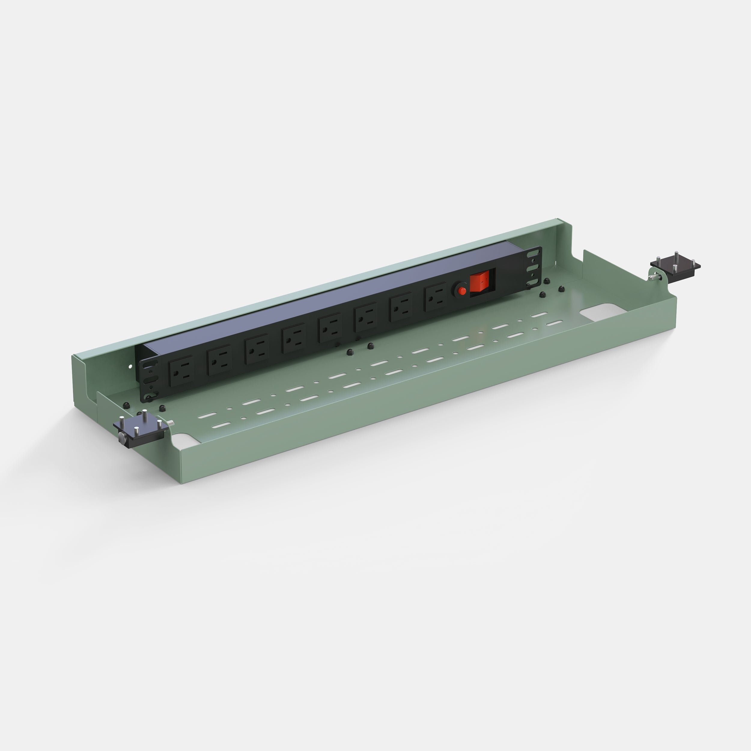 Green electrical panel with multiple outlets on a white background