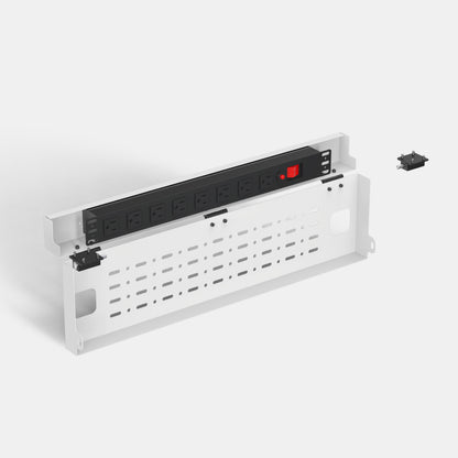 White electrical panel with multiple sockets on a light gray background