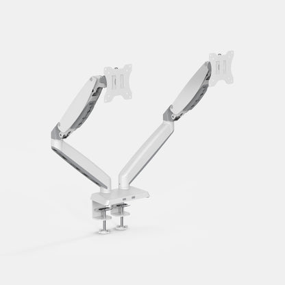 White monitor stand with dual arm design on a light gray background