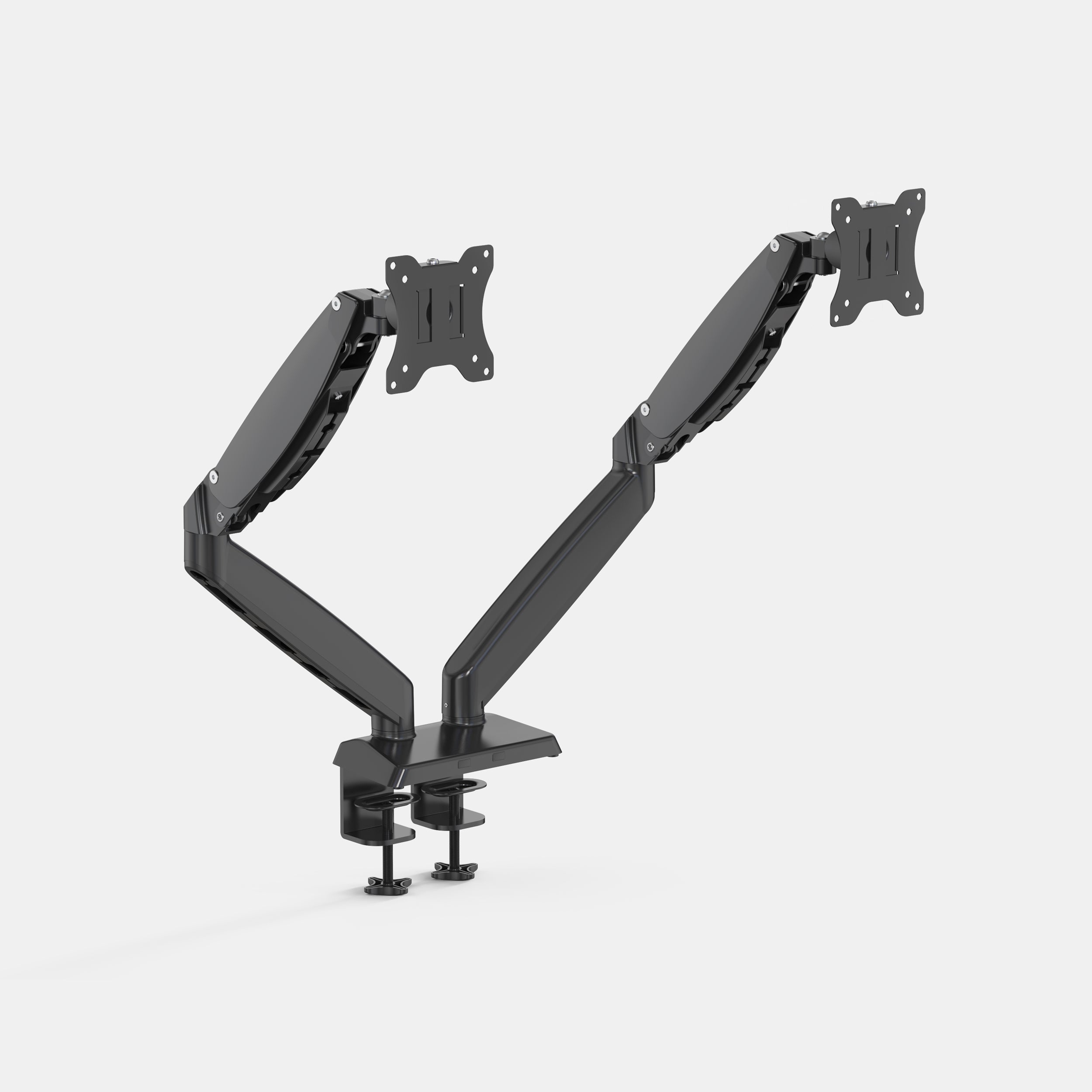 Black dual monitor arm on a white background