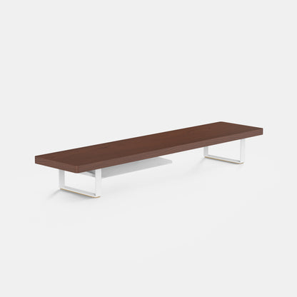 walnut bench with white metal legs on a light gray background