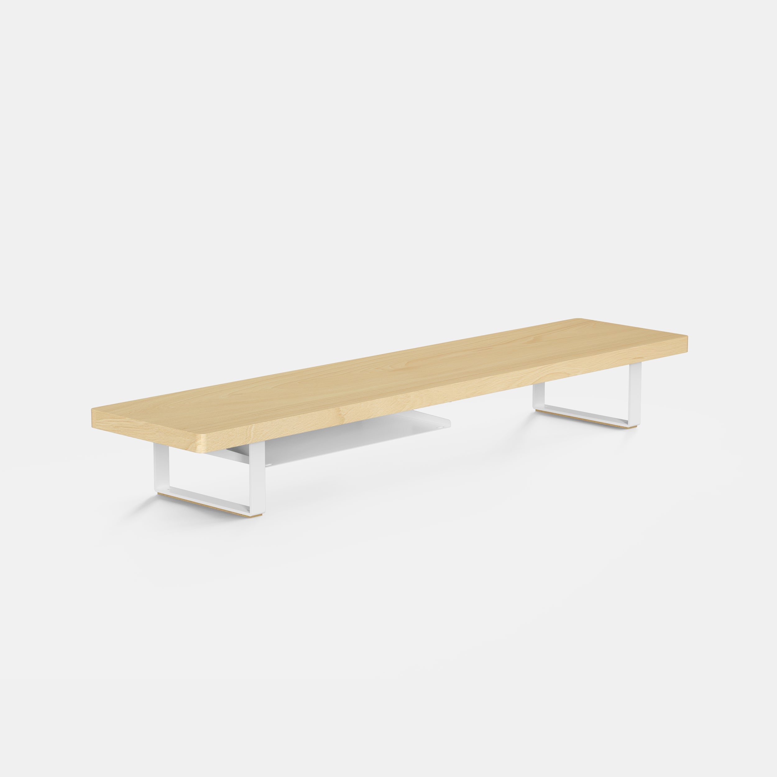 light woodgrain bench with white metal legs monitor shelf on a light gray background