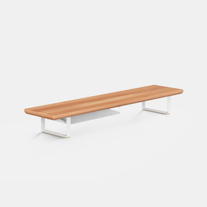 beech wood top with white legs monitor shelf on a light gray background