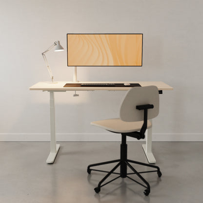 LiftSync Pro electric standing desk with light oak desktop and white desk frame