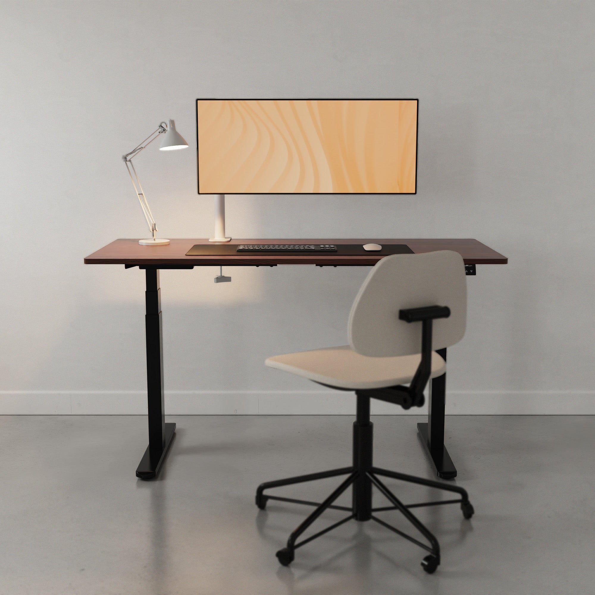 LiftSync Pro electric standing desk with walnut desktop and black desk frame