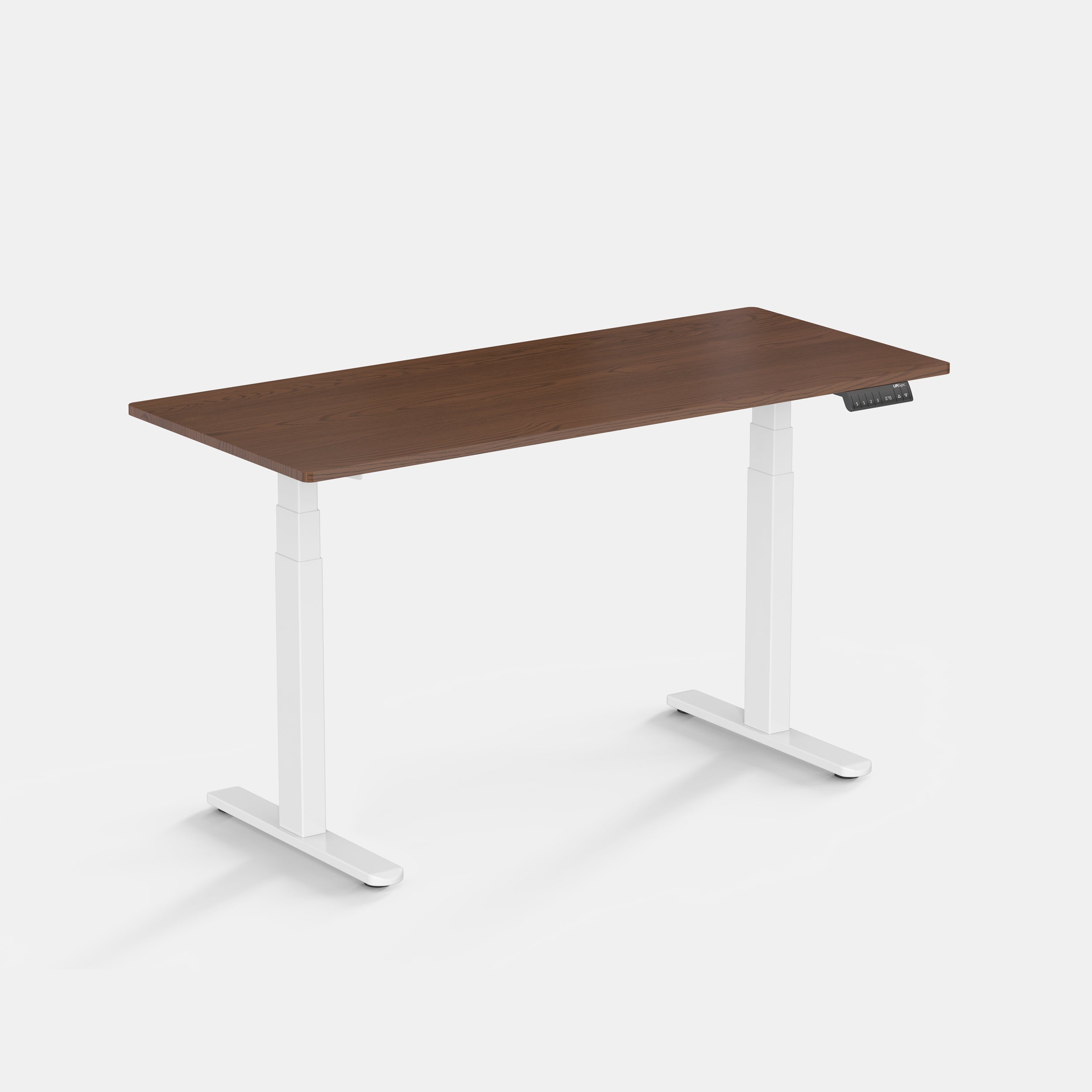 LiftSync Pro electric standing desk with walnut desktop and white desk frame