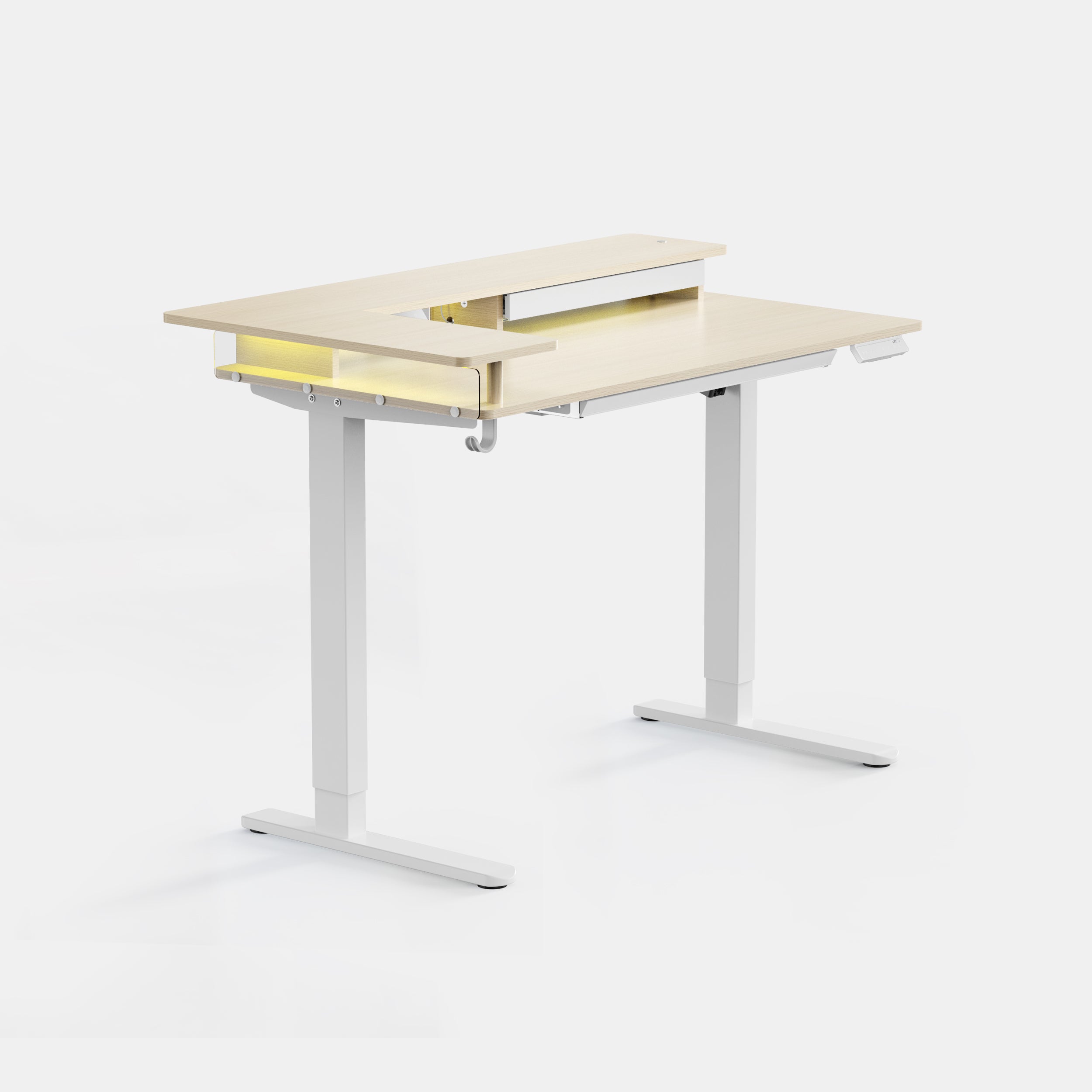 LiftSync Shelfy electric standing desk with LED lighting, built-in shelf, storage drawer