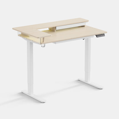 LiftSync Shelfy electric standing desk with LED lighting, built-in shelf, storage drawer