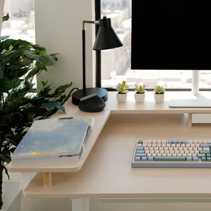 LiftSync Shelfy electric standing desk with LED lighting, built-in shelf, storage drawer