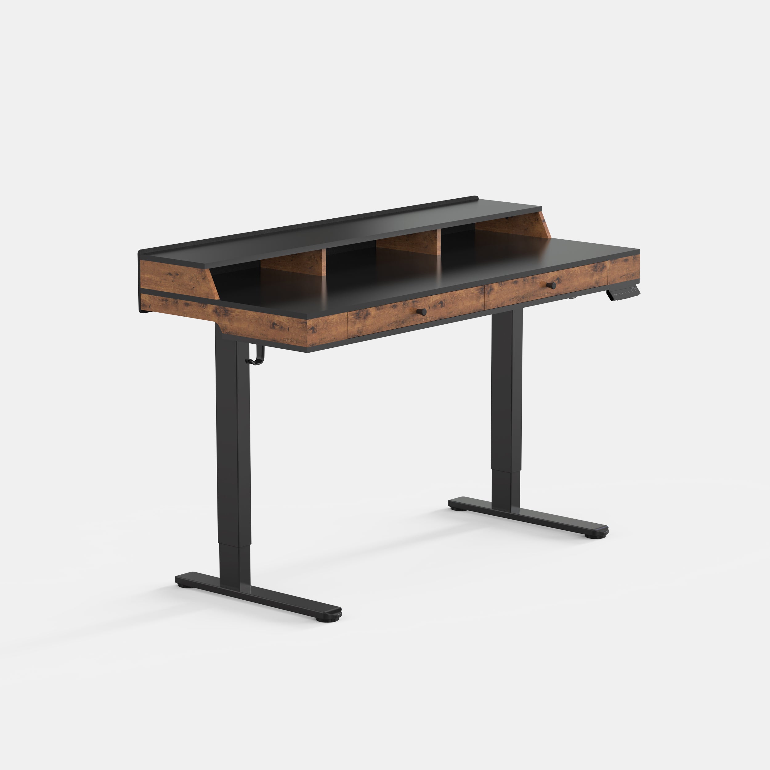 LiftSync Studio 55x24-inch black standing desk with integrated shelf and storage drawer