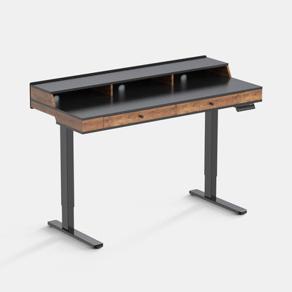 LiftSync Studio 55x24-inch black standing desk with integrated shelf and storage drawer