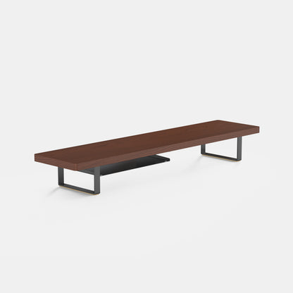 walnut bench with metal legs on a white background