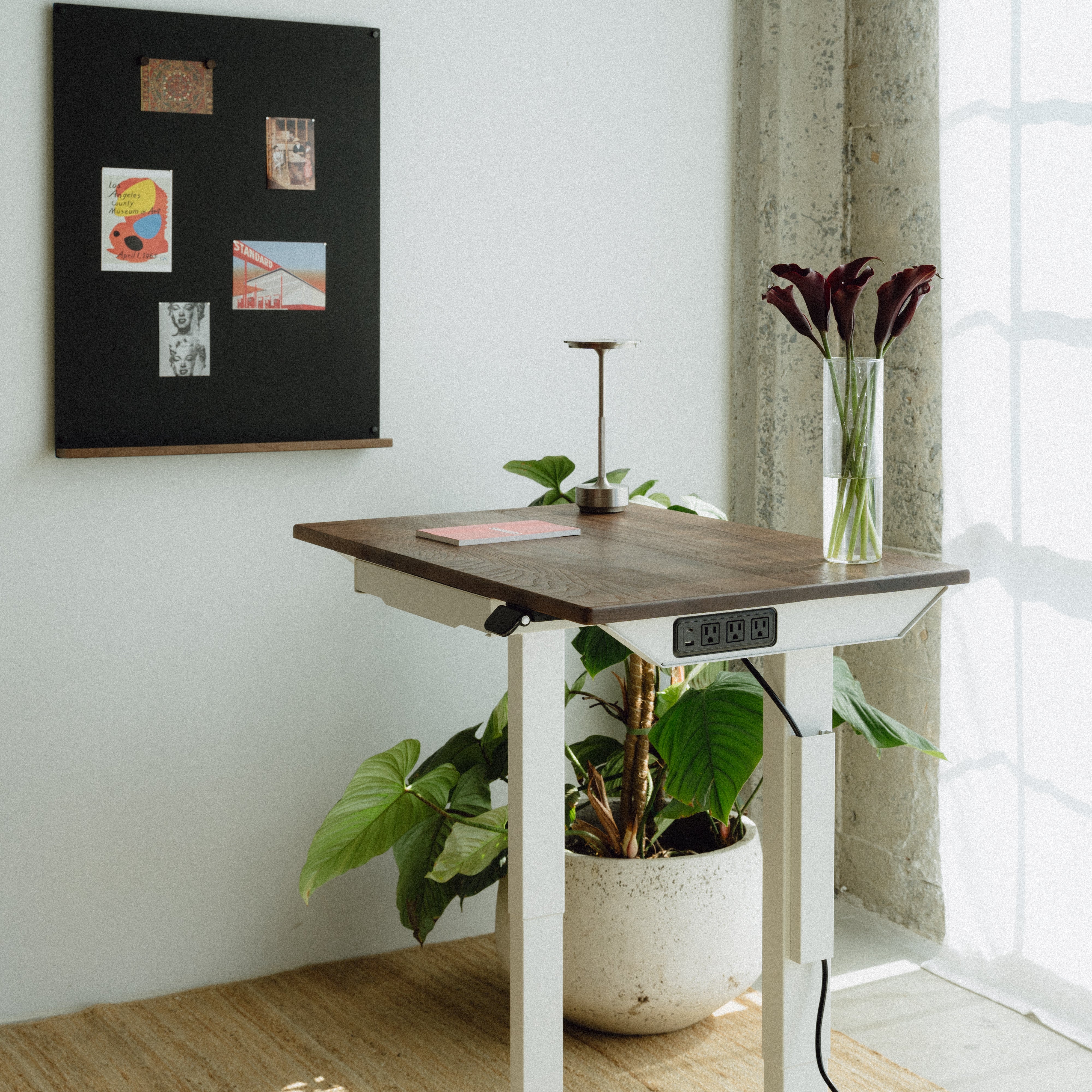 Small solidwood walnut standing desk with a plant and a vase in a room with a window and balck magnetic board