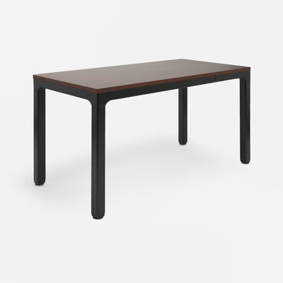 Rectangular table with dark brown top and black legs on a white background